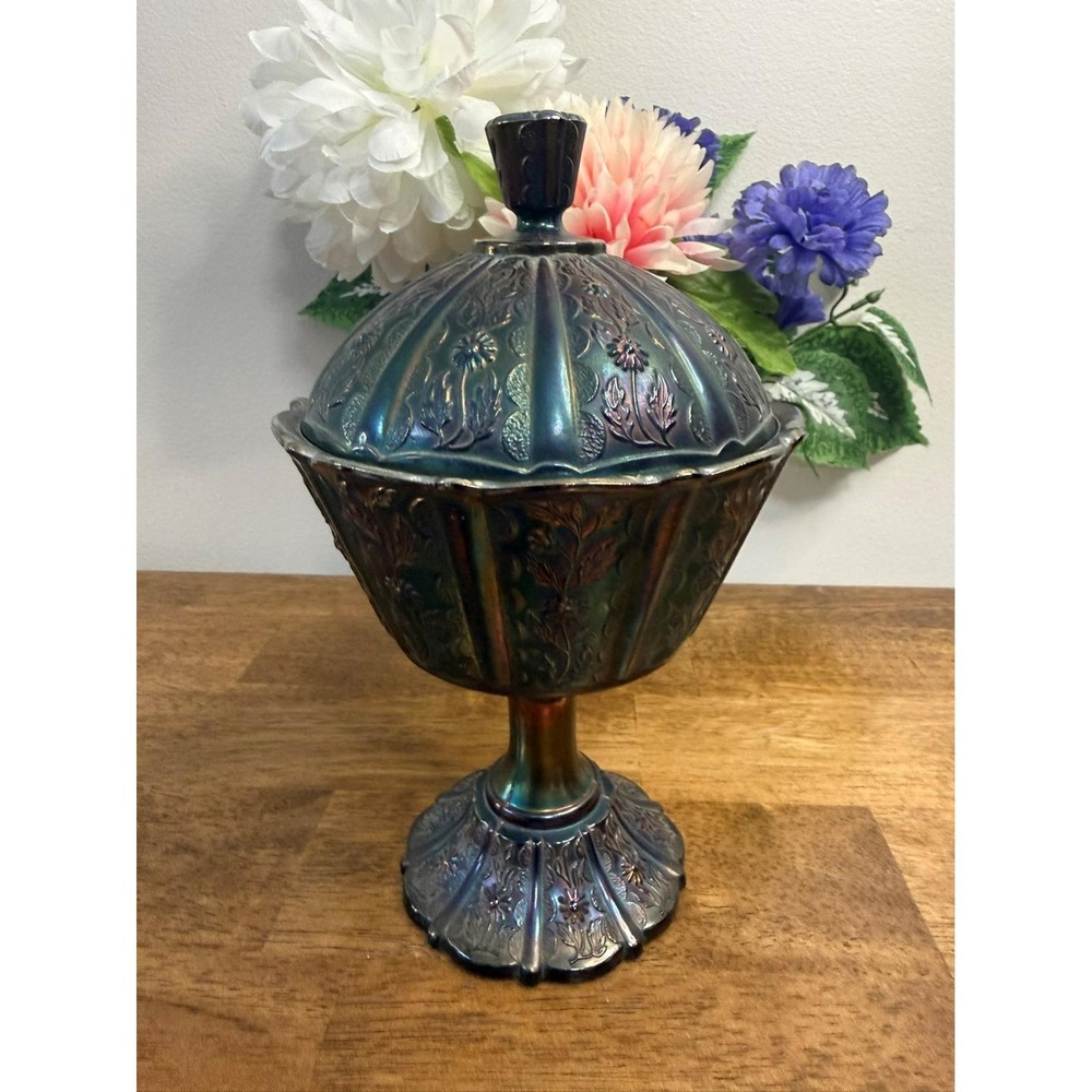 Vintage Fenton Carnival Glass Blue Iridescent Lidded Compote Pedestal‎ Bowl